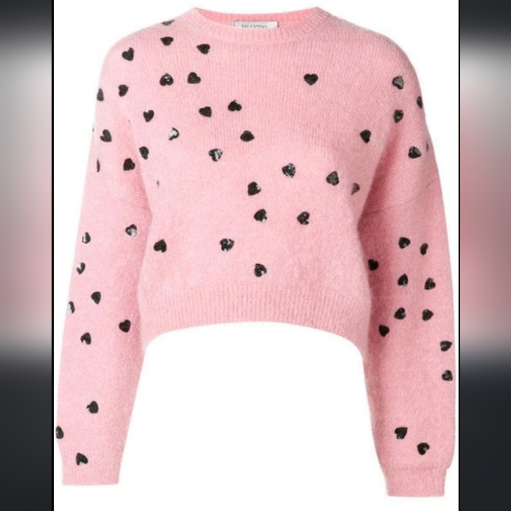 Designer Valentino Cropped Sequin-Embellished Mohair-blend pink sweater hearts